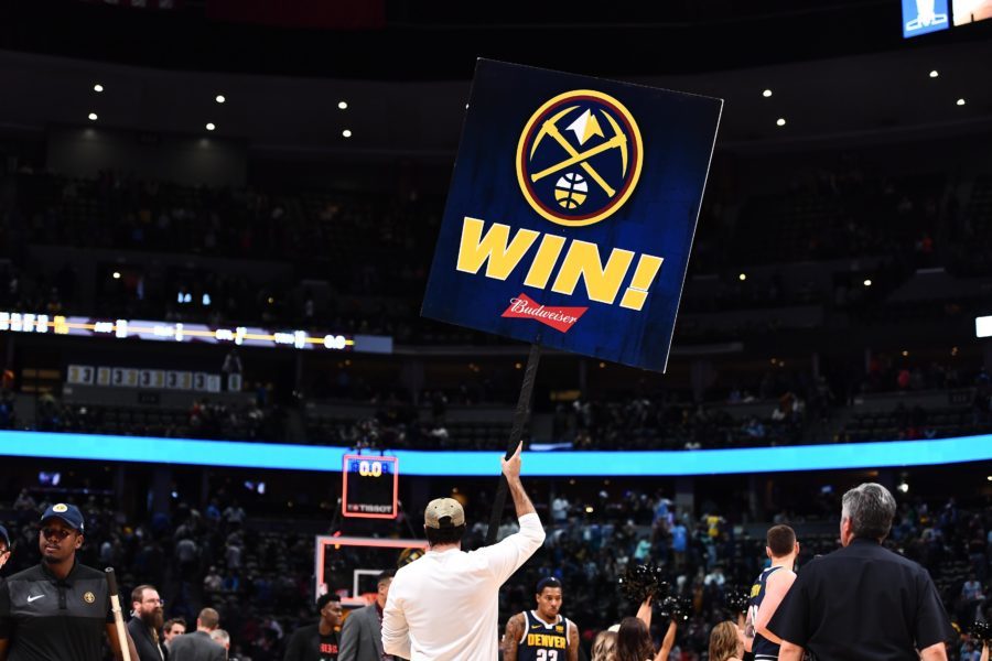 General view as the Denver Nuggets celebrate a win over the Utah Jazz at the Pepsi Center.