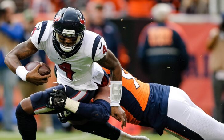 Deshaun Watson sacked by Derek Wolfe. Credit: Isaiah J. Downing, USA TODAY Sports.