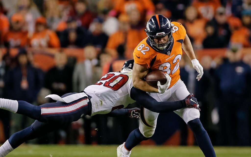 Jeff Heuerman runs through a defender. Credit: Isiah J. Downing, USA TODAY Sports.