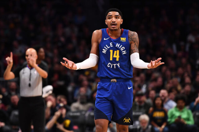 Denver Nuggets guard Gary Harris (14) reacts to consecutive fouls called on him during the second half against the Brooklyn Nets at the Pepsi Center