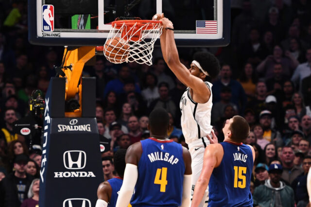 Nov 9, 2018; Denver, CO, USA; Brooklyn Nets center Jarrett Allen (31) dunks the ball in the fourth quarter against the Denver Nuggets at the Pepsi Center. Mandatory Credit: Ron Chenoy-USA TODAY Sports