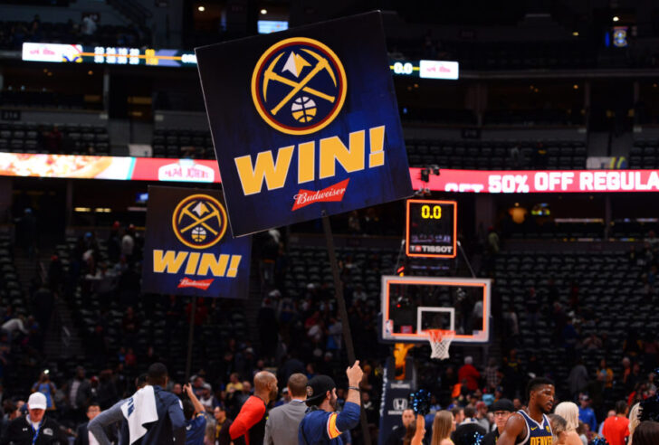 Denver Nuggets celebrate after defeating the Atlanta Hawks at the Pepsi Center.