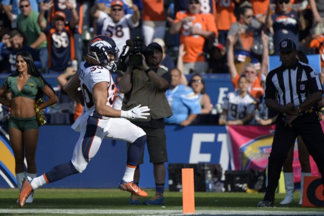 Philip Lindsay's touchdown. Credit: Jake Roth, USA TODAY Sports.