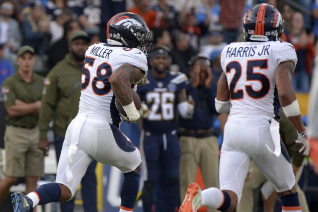 Von Miller on his interception return. Credit: Jake Roth, USA TODAY Sports.