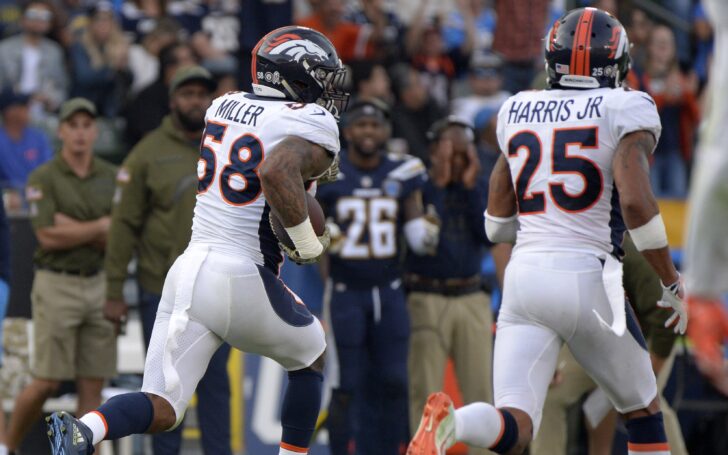 Von Miller on his interception return. Credit: Jake Roth, USA TODAY Sports.