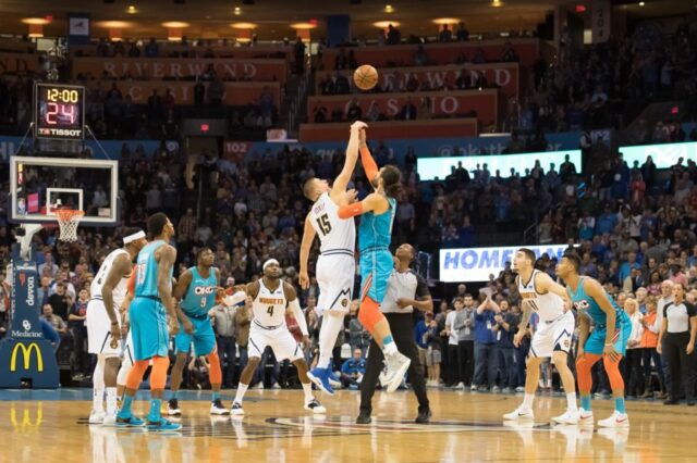 Tip-off to start the game between Denver Nuggets and Oklahoma City Thunder at Chesapeake Energy Arena.