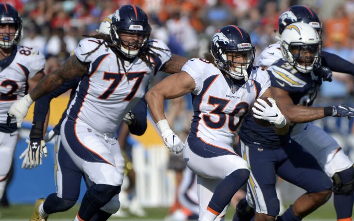 Phillip Lindsay runs away from defenders. Credit: Jake Roth, USA TODAY Sports.