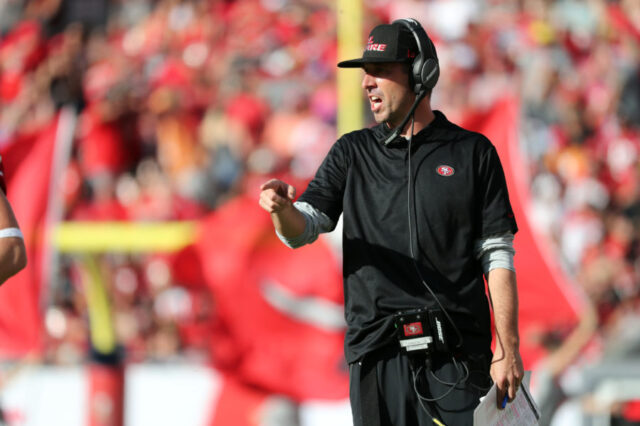 San Francisco 49ers head coach Kyle Shanahan reacts during the second half at Raymond James Stadium.