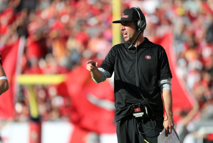 San Francisco 49ers head coach Kyle Shanahan reacts during the second half at Raymond James Stadium.