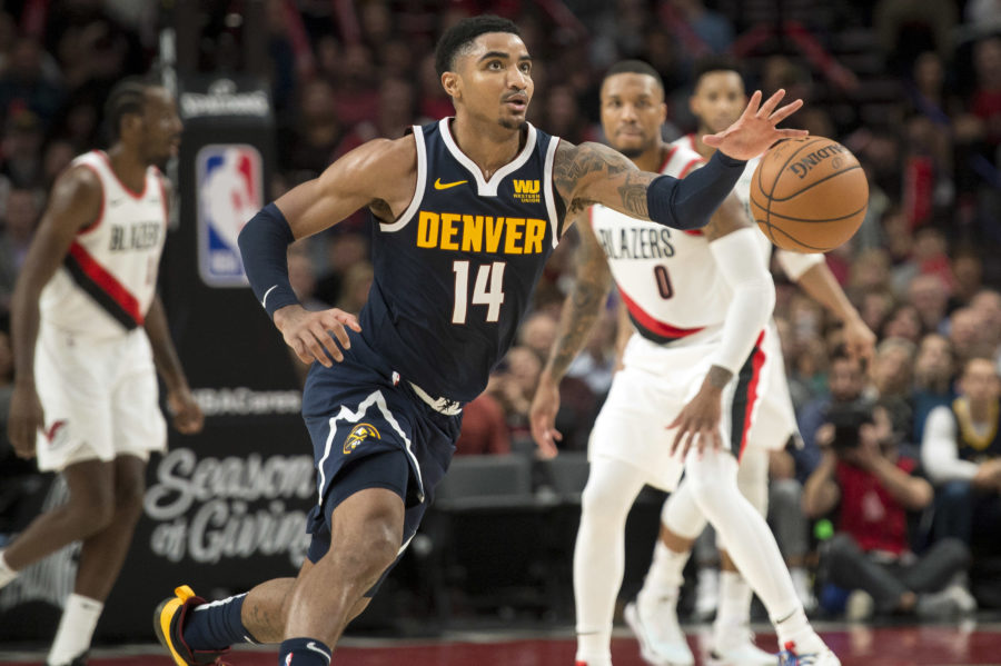 Nov 30, 2018; Portland, OR, USA; Denver Nuggets guard Gary Harris (14) controls a loose ball during the second half against the Portland Trail Blazers at Moda Center. The Nuggets beat the Trail Blazers 113-112. Mandatory Credit: Troy Wayrynen-USA TODAY Sports