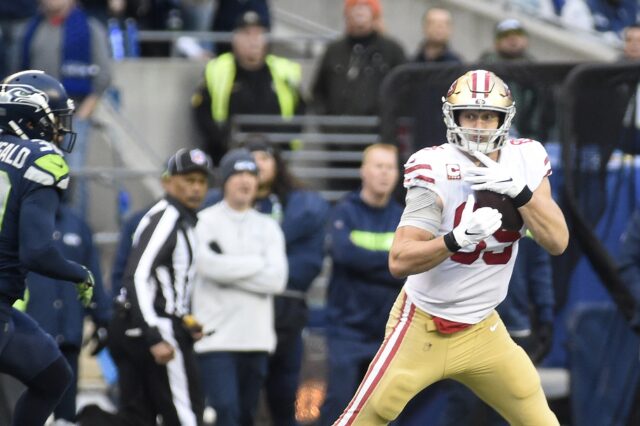 Tight end George Kittle. Credit: James Snook, USA TODAY Sports.