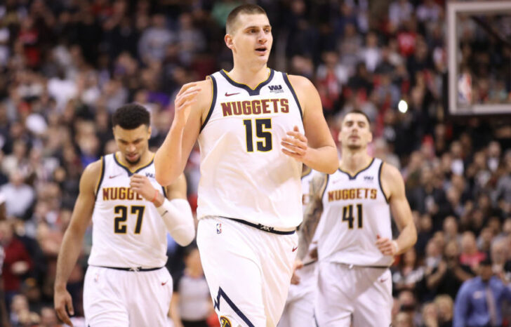 Denver Nuggets center Nikola Jokic (15) celebrates after scoring a basket late in the fourth quarter against the Toronto Raptors at Scotiabank Arena. The Nuggets beat the Raptors 106-103.