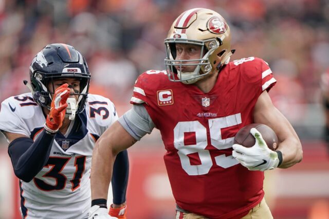 George Kittle on his 85-yard touchdown. Credit: Stan Szeto, USA TODAY Sports.