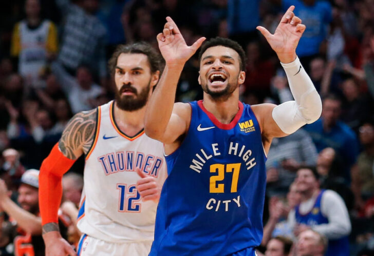 Denver Nuggets guard Jamal Murray (27) reacts after a play in the fourth quarter against the Oklahoma City Thunder at the Pepsi Center.