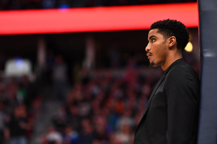 Denver Nuggets guard Gary Harris (14) looks on during the second quarter against the San Antonio Spurs at the Pepsi Center.