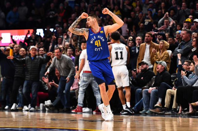 Denver Nuggets forward Juan Hernangomez (41) celebrates the win over the San Antonio Spurs at the Pepsi Center.