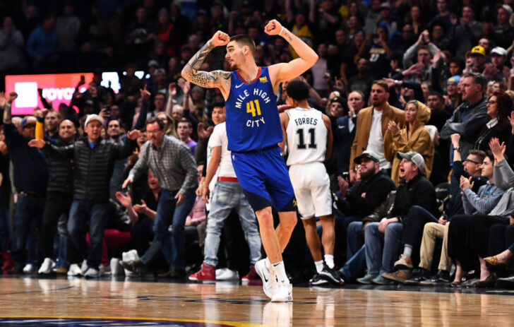 Denver Nuggets forward Juan Hernangomez (41) celebrates the win over the San Antonio Spurs at the Pepsi Center.