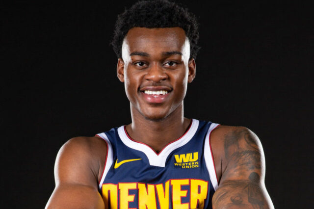 Denver Nuggets forward Jarred Vanderbilt (8) poses for a photo during media day at the Pepsi Center.