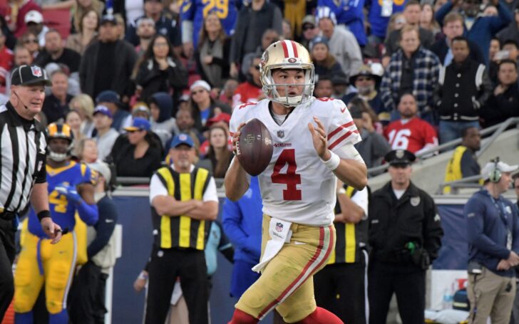 Nick Mullens roll-out. Credit: Kirby Lee, USA TODAY Sports.