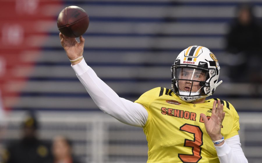 Drew Lock at the Senior Bowl. Credit: John David Mercer, USA TODAY Sports.