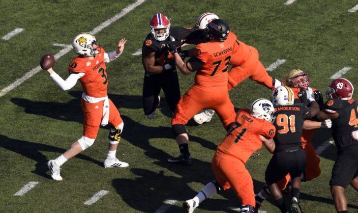 North quarterback Drew Lock of Missouri (3) passing against the South during the first quarter at Ladd-Peebles Stadium.