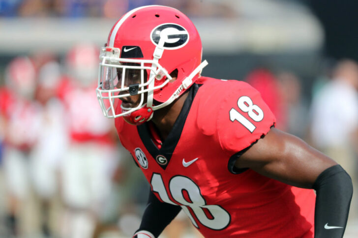 Georgia Bulldogs defensive back Deandre Baker (18) works out prior to the game at TIAA Bank Field.