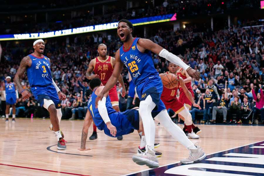 Denver Nuggets guard Malik Beasley (25) reacts after a play in the second quarter against the Houston Rockets at the Pepsi Center.