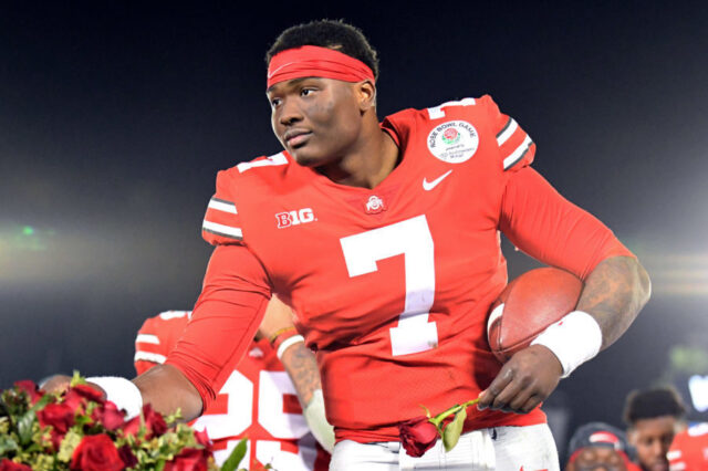 Ohio State Buckeyes quarterback Dwayne Haskins (7) celebrates on the podium after the Ohio State Buckeyes defeated the Washington Huskies in the 2019 Rose Bowl at Rose Bowl Stadium.