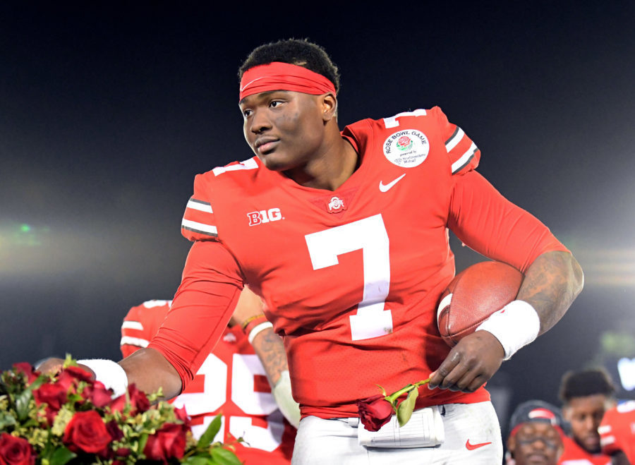 Ohio State Buckeyes quarterback Dwayne Haskins (7) celebrates on the podium after the Ohio State Buckeyes defeated the Washington Huskies in the 2019 Rose Bowl at Rose Bowl Stadium.