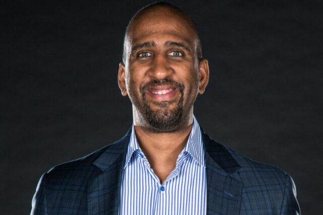 Denver Nuggets assistant general manager Calvin Booth poses for a photo during media day at the Pepsi Center.