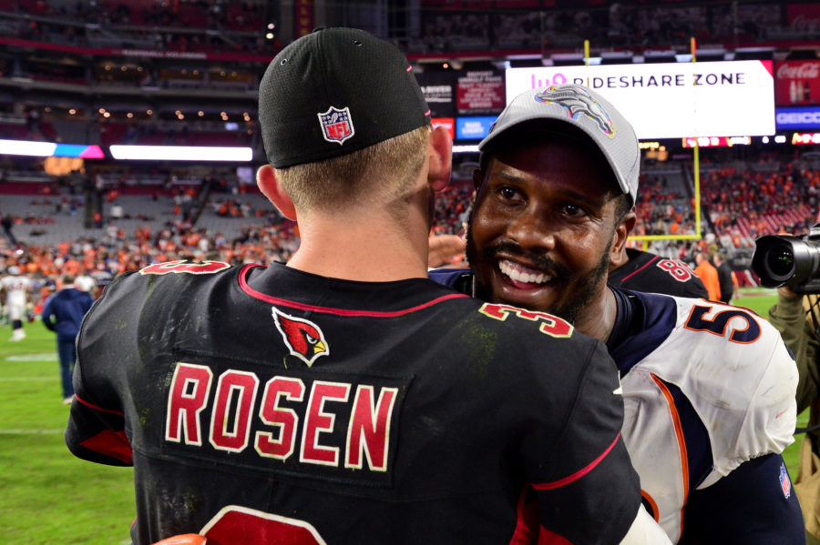 Denver Broncos linebacker Von Miller (58) greets Arizona Cardinals quarterback Josh Rosen (3) after the game at State Farm Stadium.