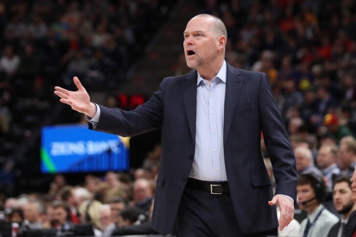 Denver Nuggets head coach Michael Malone reacts from the sidelines during the first quarter against the Utah Jazz at Vivint Smart Home Arena.