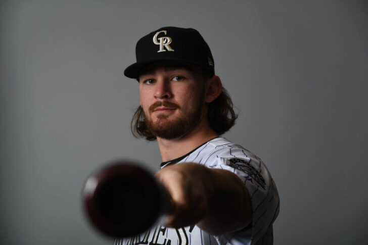 Colorado Rockies shortstop Brendan Rodgers (65) poses for a photo during media day at Salt River Fields at Talking Stick.