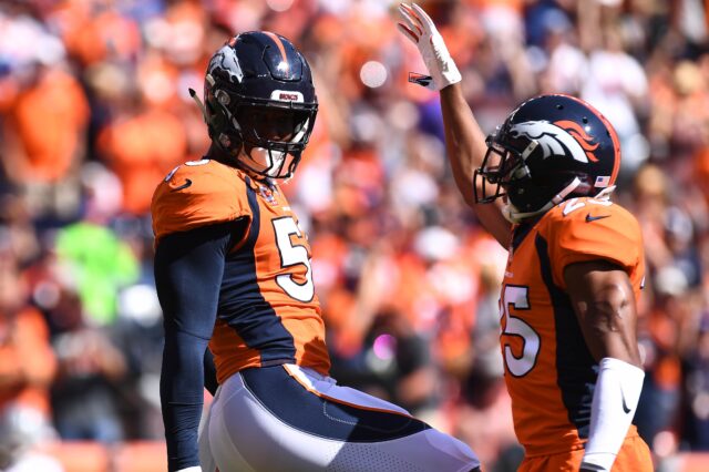 Chris Harris and Von Miller celebrate. Credit: Ron Chenoy, USA TODAY Sports.