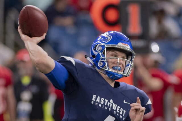 Brett Rypien in the East-West Shrine Game. Credit: Douglas DeFelice, USA TODAY Sports.