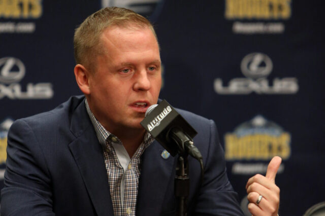 Denver Nuggets general manager Tim Connelly answers questions during a press conference during the media day at Pepsi Center.