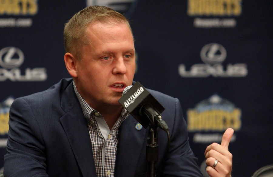 Denver Nuggets general manager Tim Connelly answers questions during a press conference during the media day at Pepsi Center.