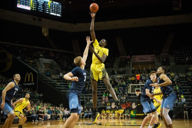 Oregon Ducks center Bol Bol (1) shoots a basket over San Diego Toreros forward Yauhen Massalski (25) during the second half at Matthew Knight Arena. The Ducks beat the Toreros 65-55