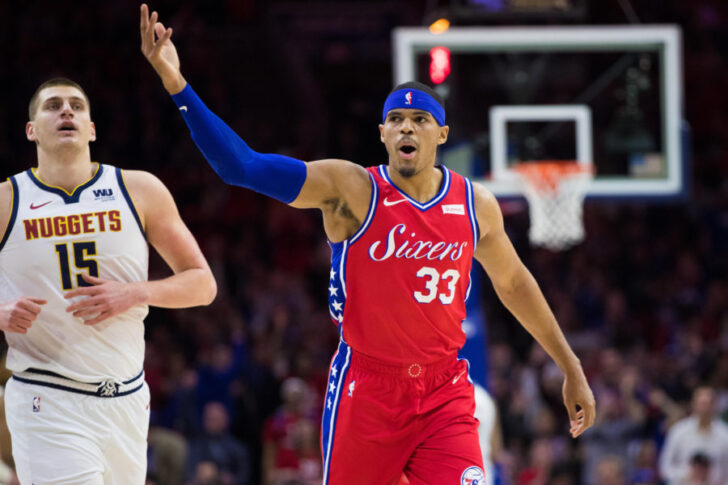 Philadelphia 76ers forward Tobias Harris (33) celebrates after scoring during the first quarter against the Denver Nuggets at Wells Fargo Center.