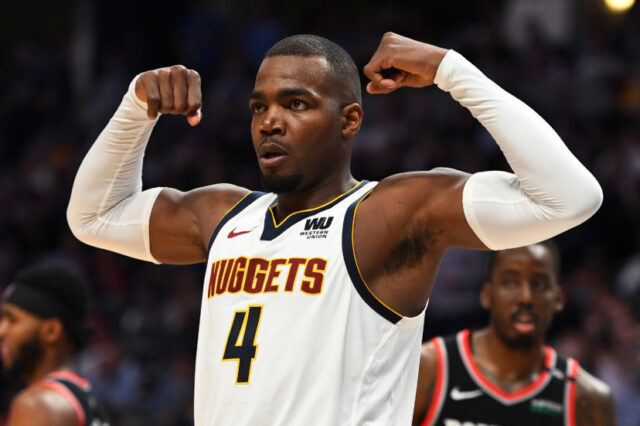 Denver Nuggets forward Paul Millsap (4) reacts following a basket and foul in the third quarter against the Portland Trail Blazers in game five of the second round of the 2019 NBA Playoffs at Pepsi Center.