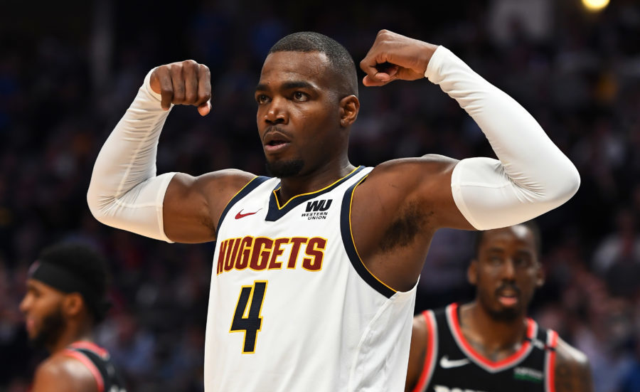 Denver Nuggets forward Paul Millsap (4) reacts following a basket and foul in the third quarter against the Portland Trail Blazers in game five of the second round of the 2019 NBA Playoffs at Pepsi Center.