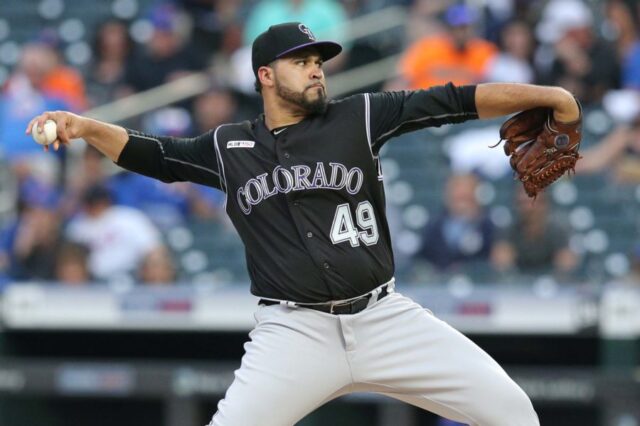 Colorado Rockies starting pitcher Antonio Senzatela (49) pitches against the New York Mets during the first inning at Citi Field.