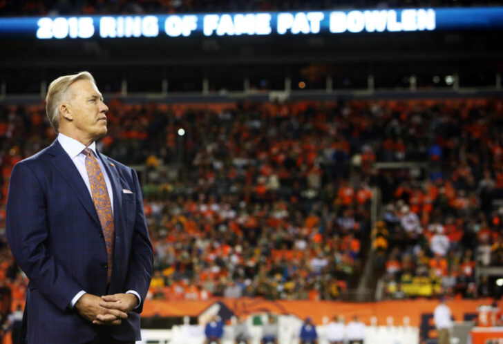 Denver Broncos general manager John Elway during a ceremony inducting owner Pat Bowlen (not pictured) into the Broncos Ring of Fame during halftime between the Denver Broncos and the Green Bay Packers at Sports Authority Field at Mile High. The Broncos won 29-10.