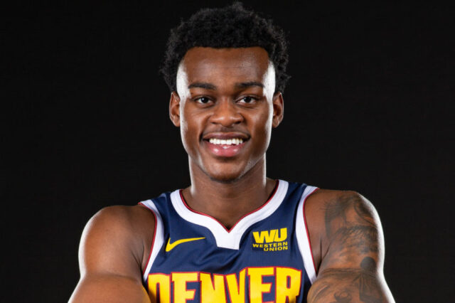 Denver Nuggets forward Jarred Vanderbilt (8) poses for a photo during media day at the Pepsi Center.