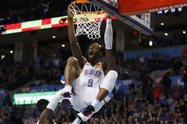 Oklahoma City Thunder forward Jerami Grant (9) celebrates after dunking against the Detroit Pistons during the second half at Chesapeake Energy Arena. Oklahoma City won 123-110