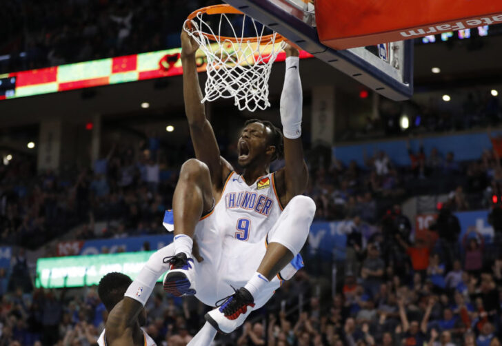 Oklahoma City Thunder forward Jerami Grant (9) celebrates after dunking against the Detroit Pistons during the second half at Chesapeake Energy Arena. Oklahoma City won 123-110