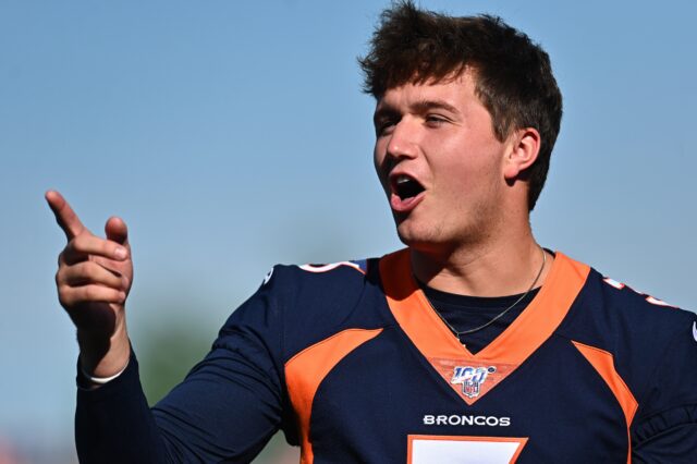 Drew Lock in his first ever training camp practice at the NFL level. Credit: Ron Chenoy, USA TODAY Sports.