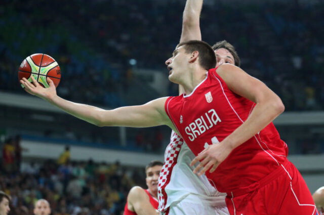 Serbia center Nikola Jokic (14) shoots the ball against Croatia during the men's basketball quarterfinals in the Rio 2016 Summer Olympic Games at Carioca Arena 1.