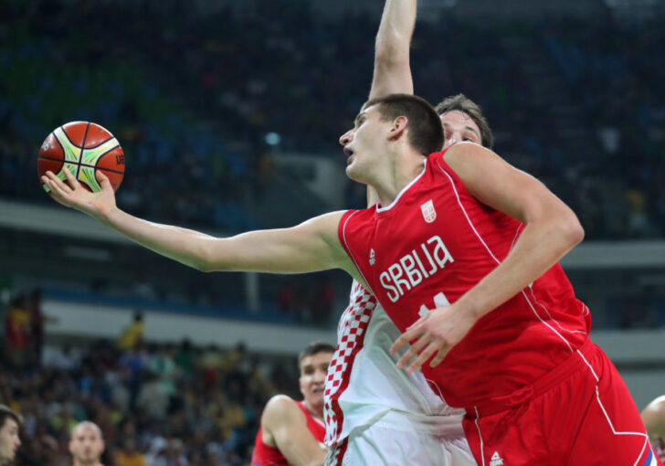 Serbia center Nikola Jokic (14) shoots the ball against Croatia during the men's basketball quarterfinals in the Rio 2016 Summer Olympic Games at Carioca Arena 1.