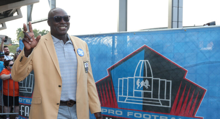 Buffalo Bills defensive end Bruce Smith arrives during the Professional Football HOF enshrinement ceremonies at the Tom Benson Hall of Fame Stadium.